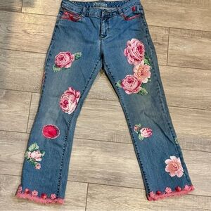 Upcycled Altered Handmade Upcycled Jeans with Pink Floral Crochet